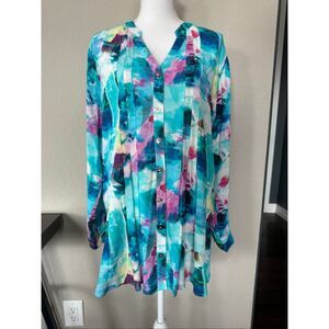 Soft Surroundings Blue Patterned Button Down Blouse Large